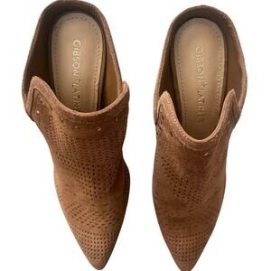 Gibson & Latimer Nora Tan‎ Perforated Suede Block Heel Mules Women's Size 9.5